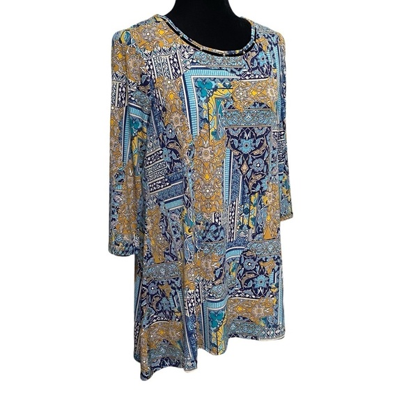 Chico’s Patchwork Tunic Top Boho Abstract Floral Cutout Scoop Neck Size 0 Small - Picture 5 of 10